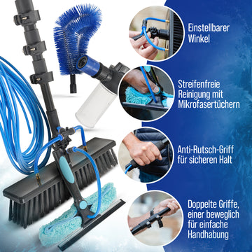 ProfiHelfer Teleskop Waschbürste 7m - Teleskopstiel ausziehbar [4-in-1 10-TLG.] Reinigungsset Teleskopstange Fensterreinigung Wintergarten Wasseranschluss PV Anlage Reinigung (7 Meter)