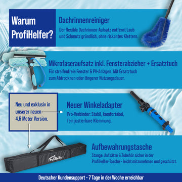 ProfiHelfer Teleskop Waschbürste - 4,6m - Teleskopstiel ausziehbar [4-in-1 10-TLG.] Reinigungsset Teleskopstange Fensterreinigung Wintergarten Wasseranschluss PV Anlage Reinigung